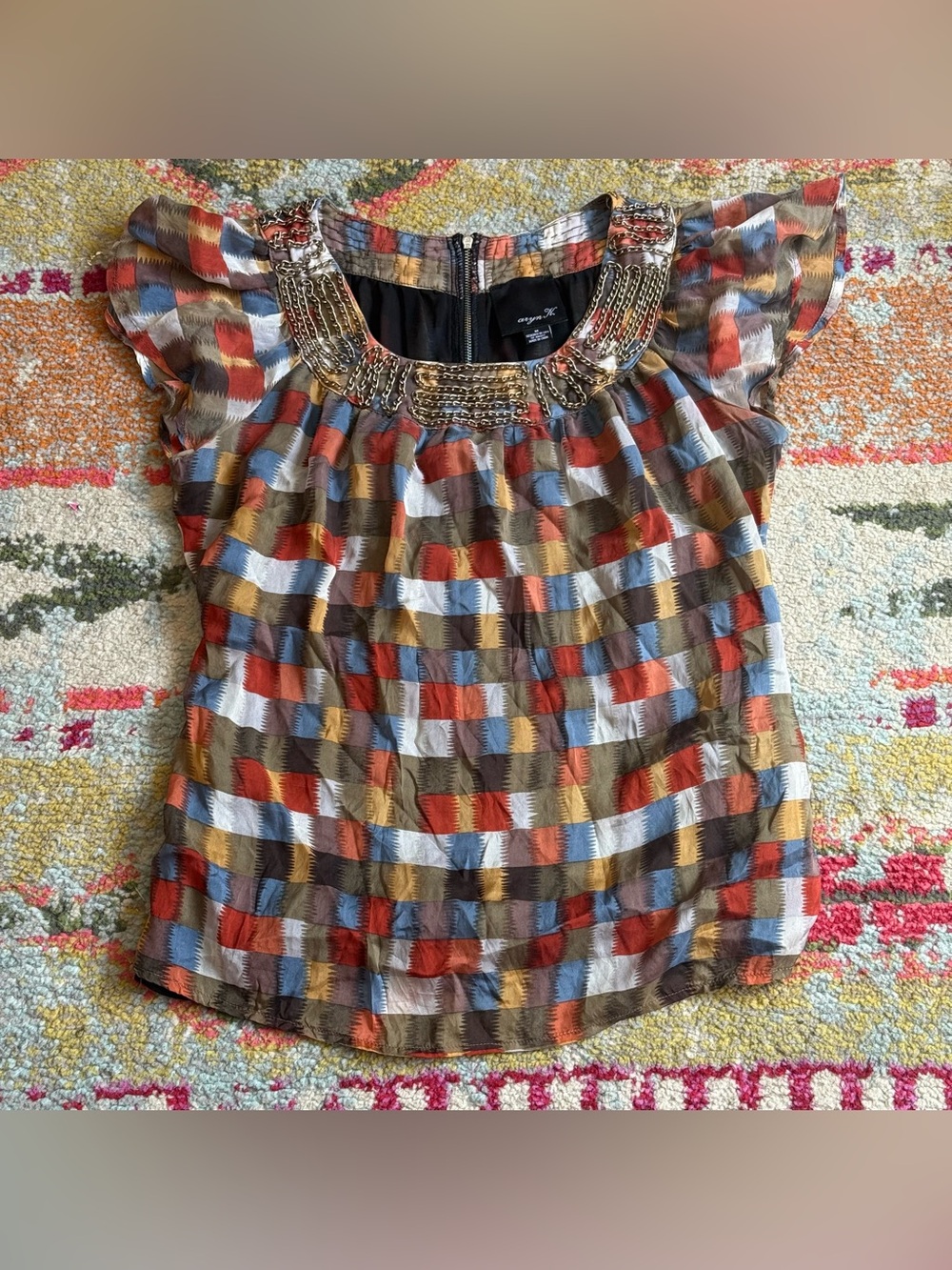 Y2K Aryn K 100% Silk Gold Chain Embellished Blouse Size Medium